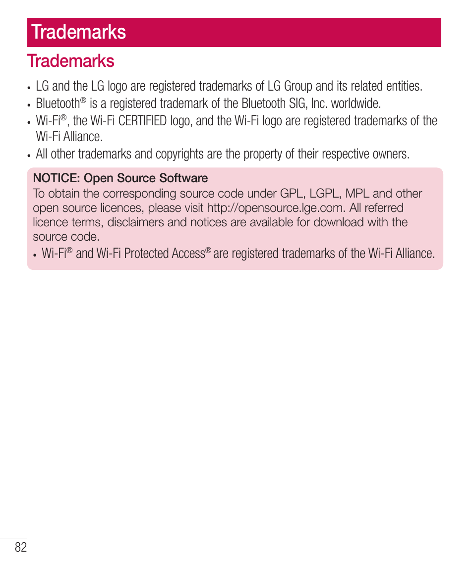 Trademarks, 5sbefnbslt, Bluetooth | Wi-fi, And wi-fi protected access, Are registered trademarks of the wi-fi alliance | LG LGD321 User Manual | Page 84 / 118