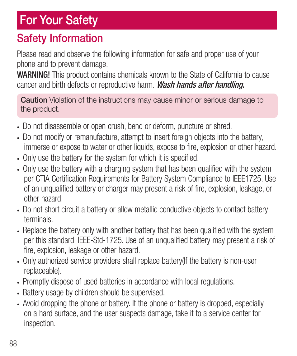 For your safety, Safety information | LG LGD321 User Manual | Page 90 / 118