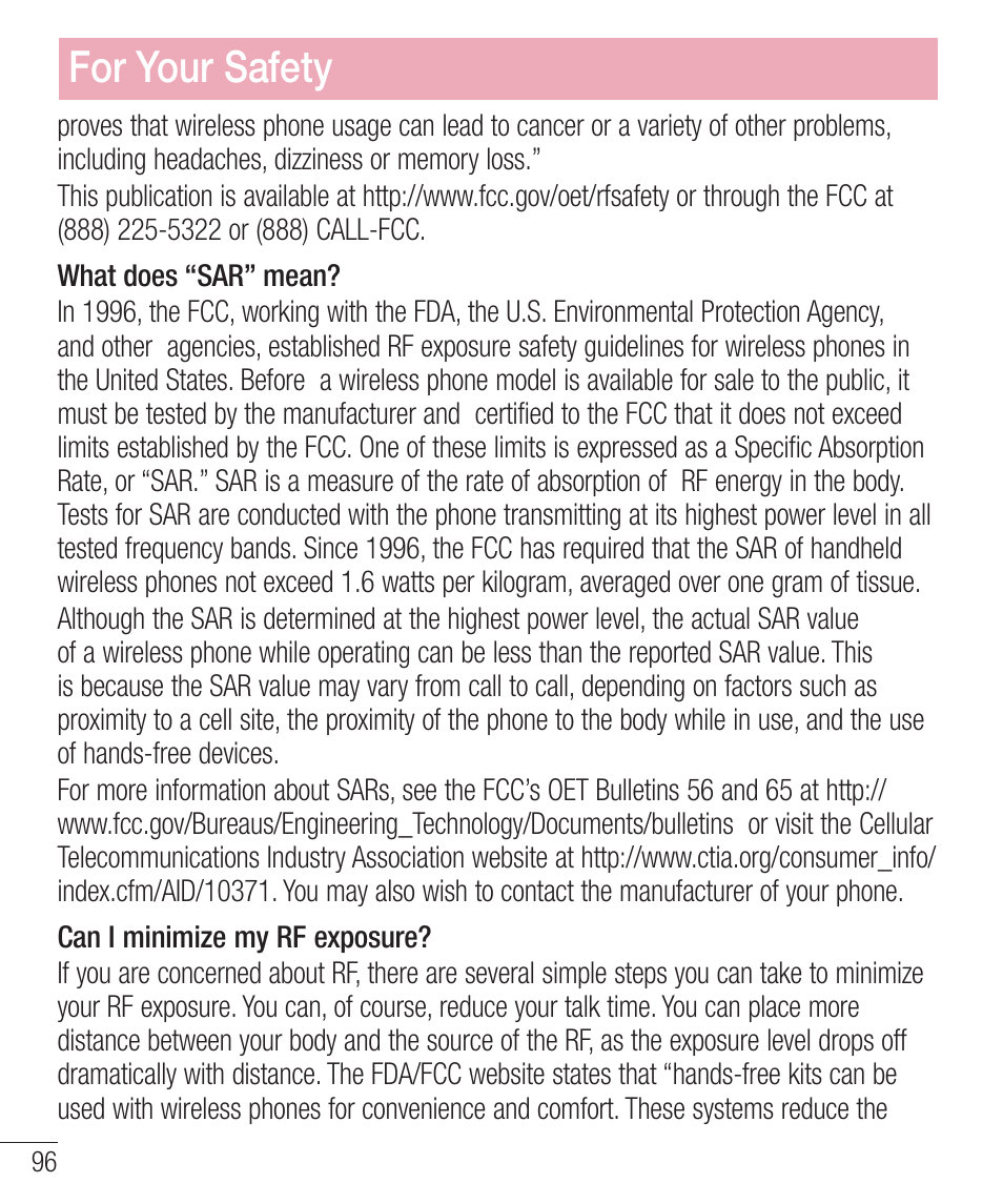 For your safety | LG LGD321 User Manual | Page 98 / 118