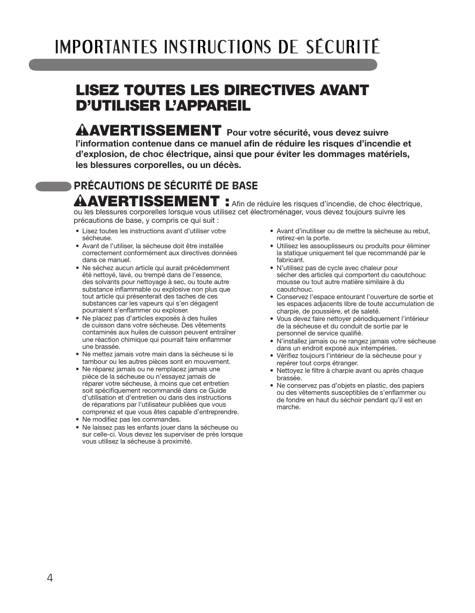 Wavertissement, Précautions de sécurité de base | LG DLGX2551W User Manual | Page 104 / 148