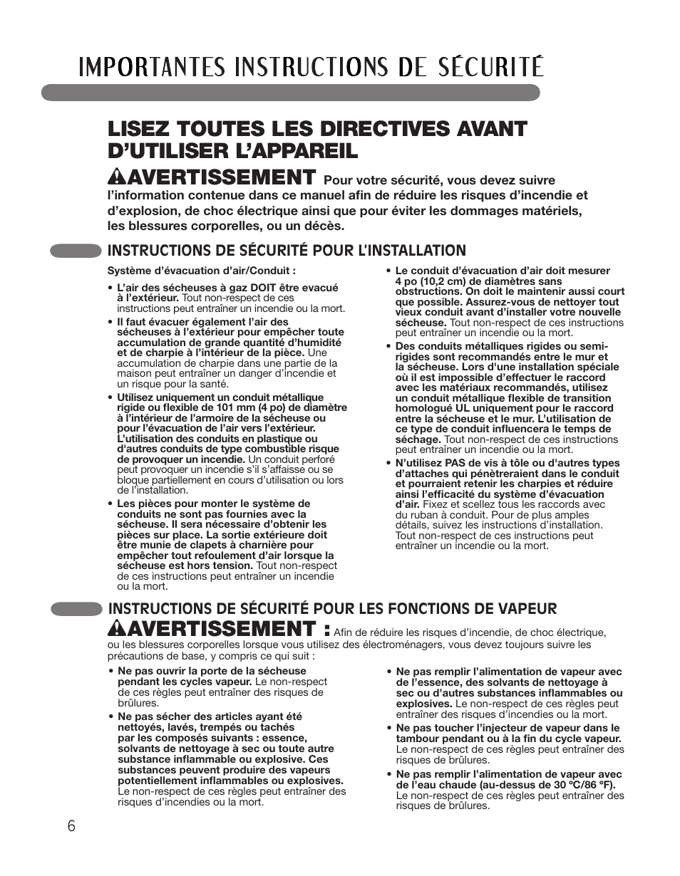 Wavertissement, Instructions de sécurité pour l’installation | LG DLGX2551W User Manual | Page 106 / 148