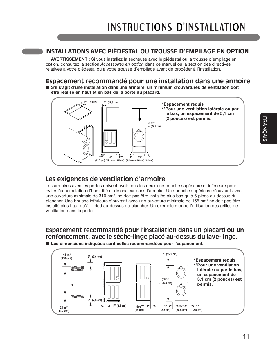 Les exigences de ventilation d'armoire, Français | LG DLGX2551W User Manual | Page 111 / 148