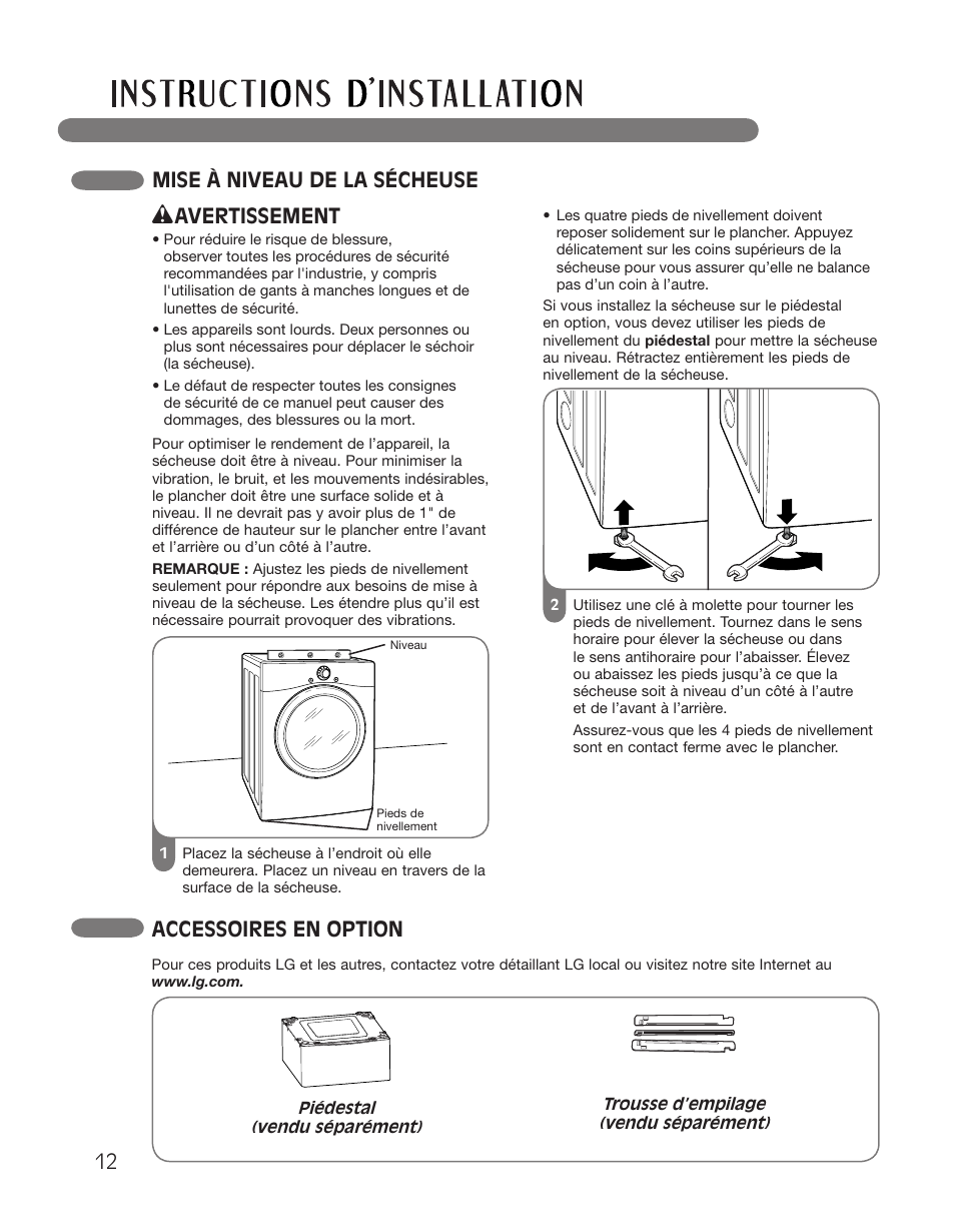 Mise à niveau de la sécheuse, Avertissement, Accessoires en option | LG DLGX2551W User Manual | Page 112 / 148