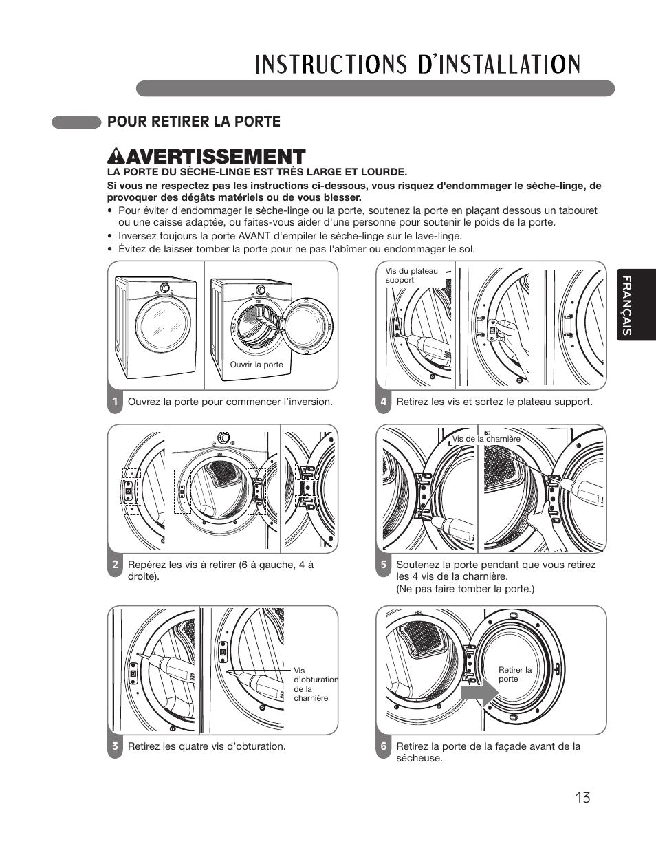 Wavertissement, Pour retirer la porte | LG DLGX2551W User Manual | Page 113 / 148