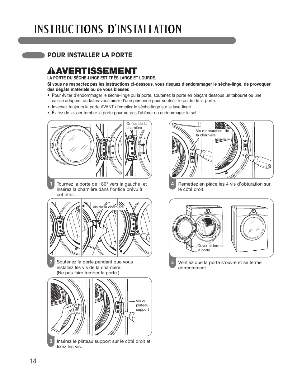 Wavertissement, Pour installer la porte | LG DLGX2551W User Manual | Page 114 / 148