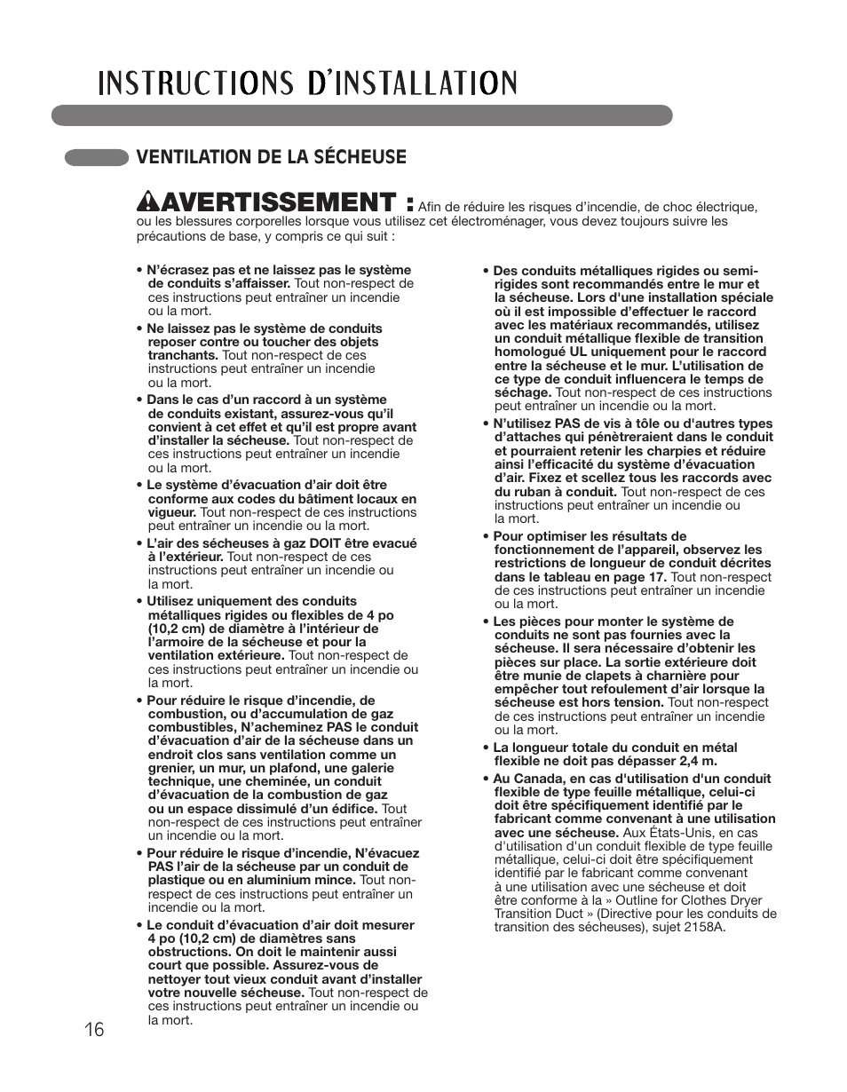 Wavertissement, Ventilation de la sécheuse | LG DLGX2551W User Manual | Page 116 / 148