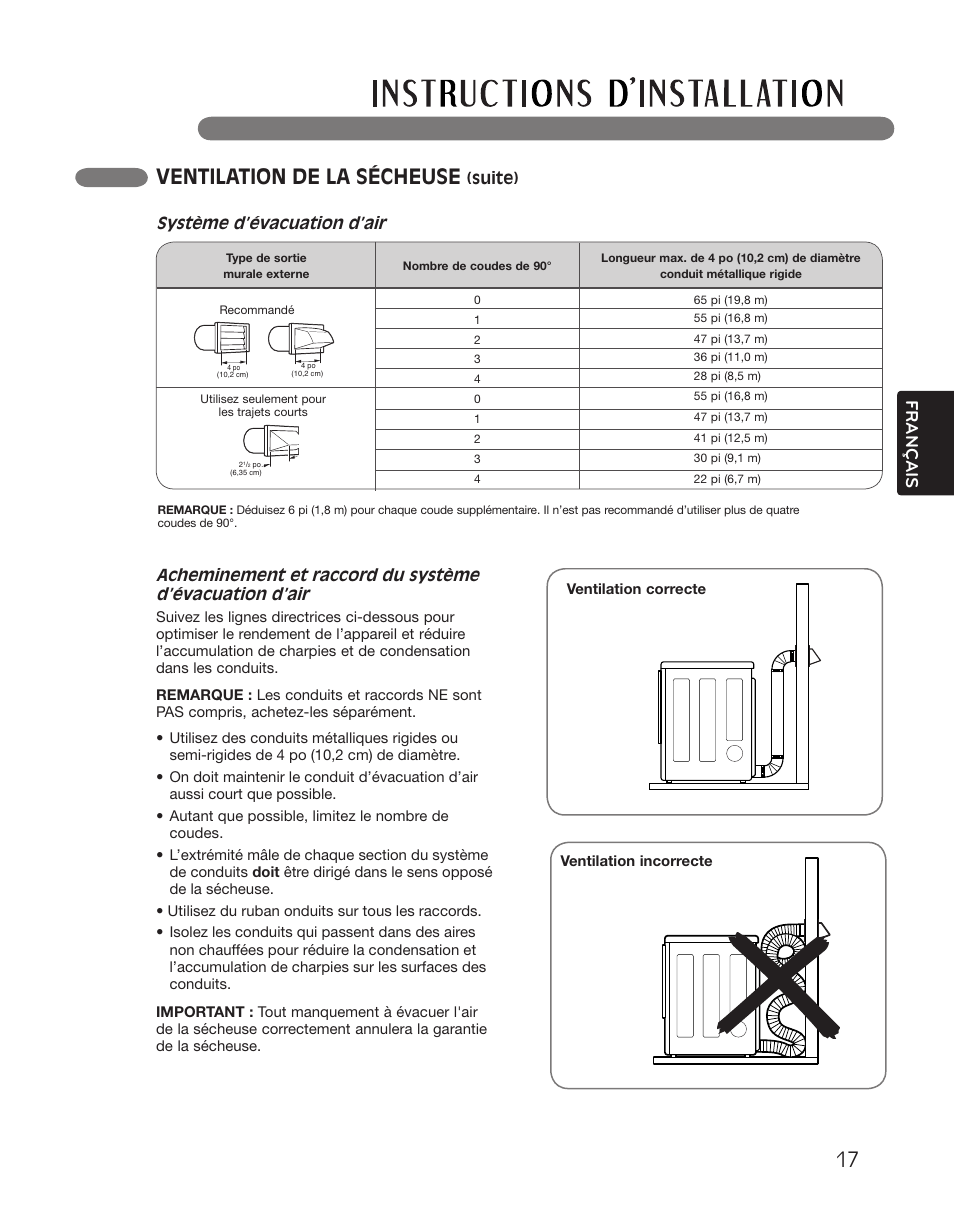 Ventilation de la sécheuse, Système d’évacuation d’air, Suite) | LG DLGX2551W User Manual | Page 117 / 148