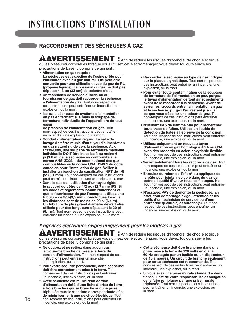 Wavertissement, 18 raccordement des sécheuses à gaz | LG DLGX2551W User Manual | Page 118 / 148