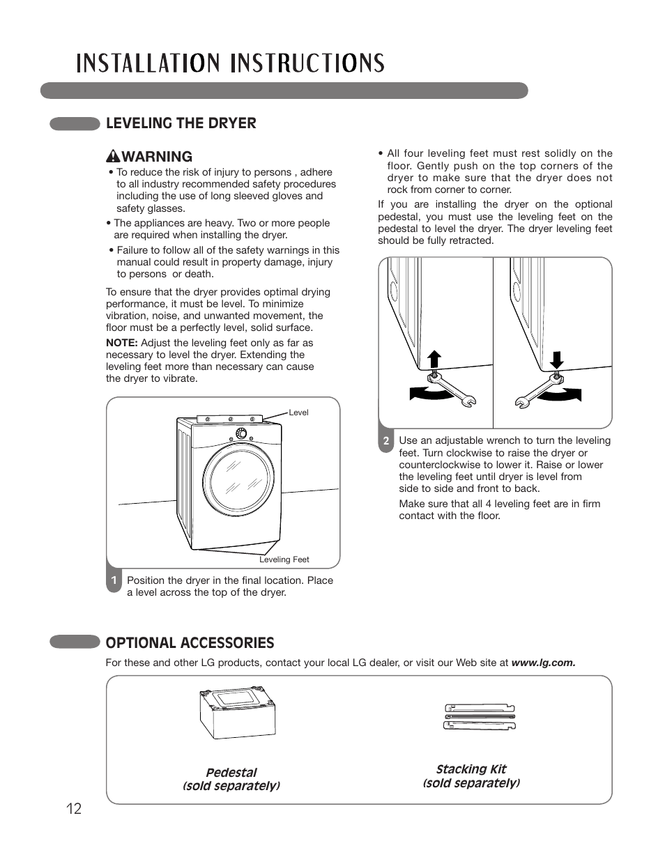 Optional accessories, Leveling the dryer, Warning | LG DLGX2551W User Manual | Page 12 / 148