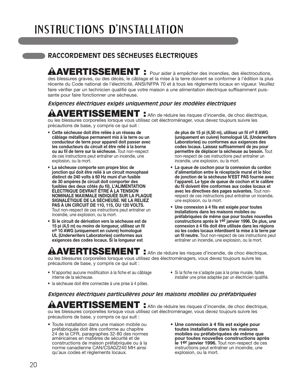 Wavertissement, 20 raccordement des sécheuses électriques | LG DLGX2551W User Manual | Page 120 / 148