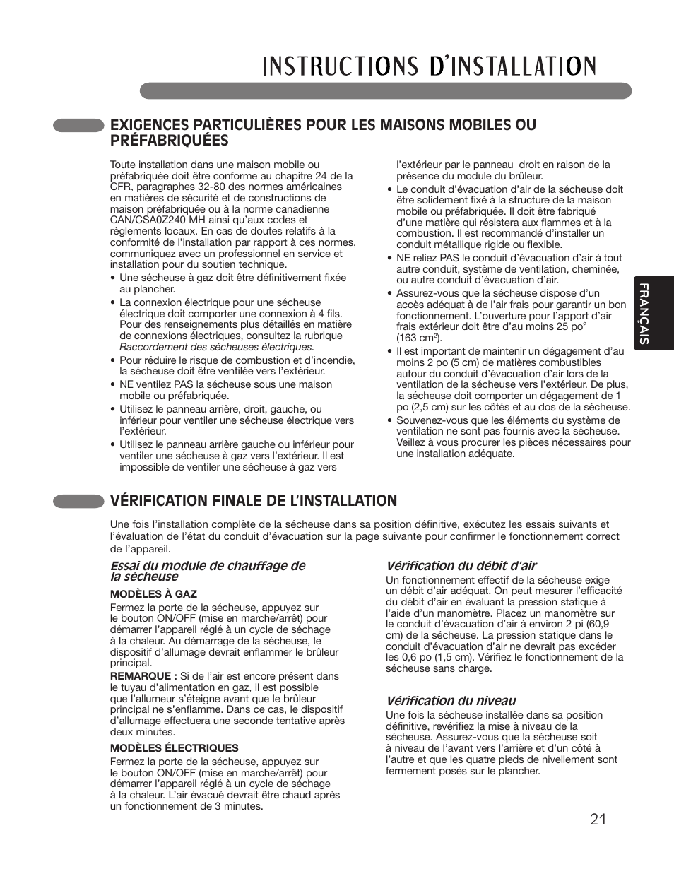 Vérification finale de l’installation | LG DLGX2551W User Manual | Page 121 / 148