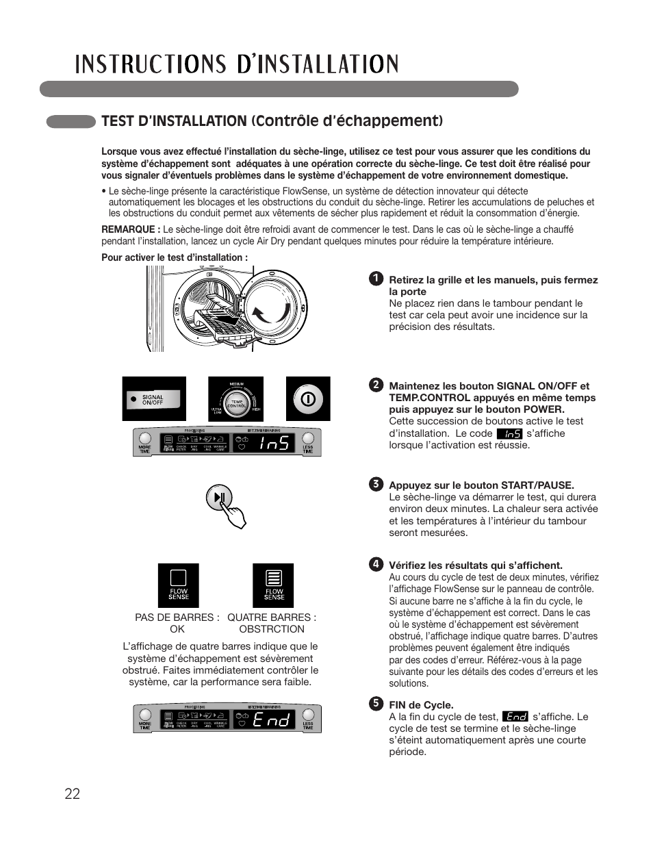 Test d’installation (contrôle d’échappement) | LG DLGX2551W User Manual | Page 122 / 148