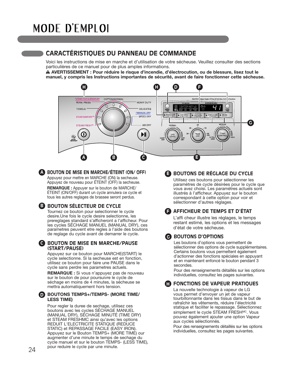 Caractéristiques du panneau de commande | LG DLGX2551W User Manual | Page 124 / 148