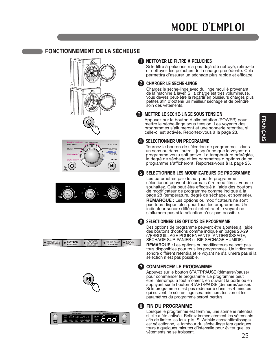 Fonctionnement de la sécheuse | LG DLGX2551W User Manual | Page 125 / 148