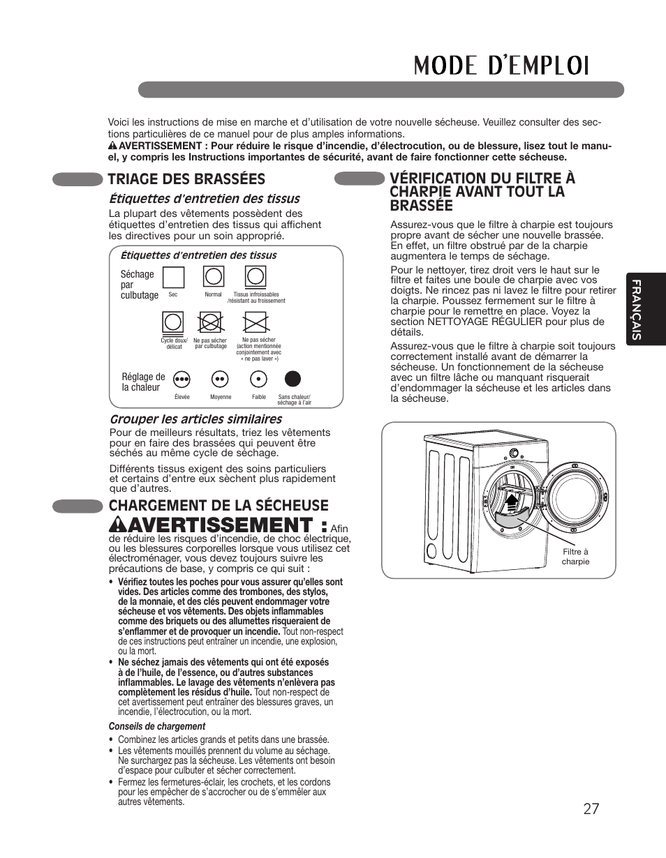 Wavertissement, Chargement de la sécheuse, Triage des brassées | LG DLGX2551W User Manual | Page 127 / 148