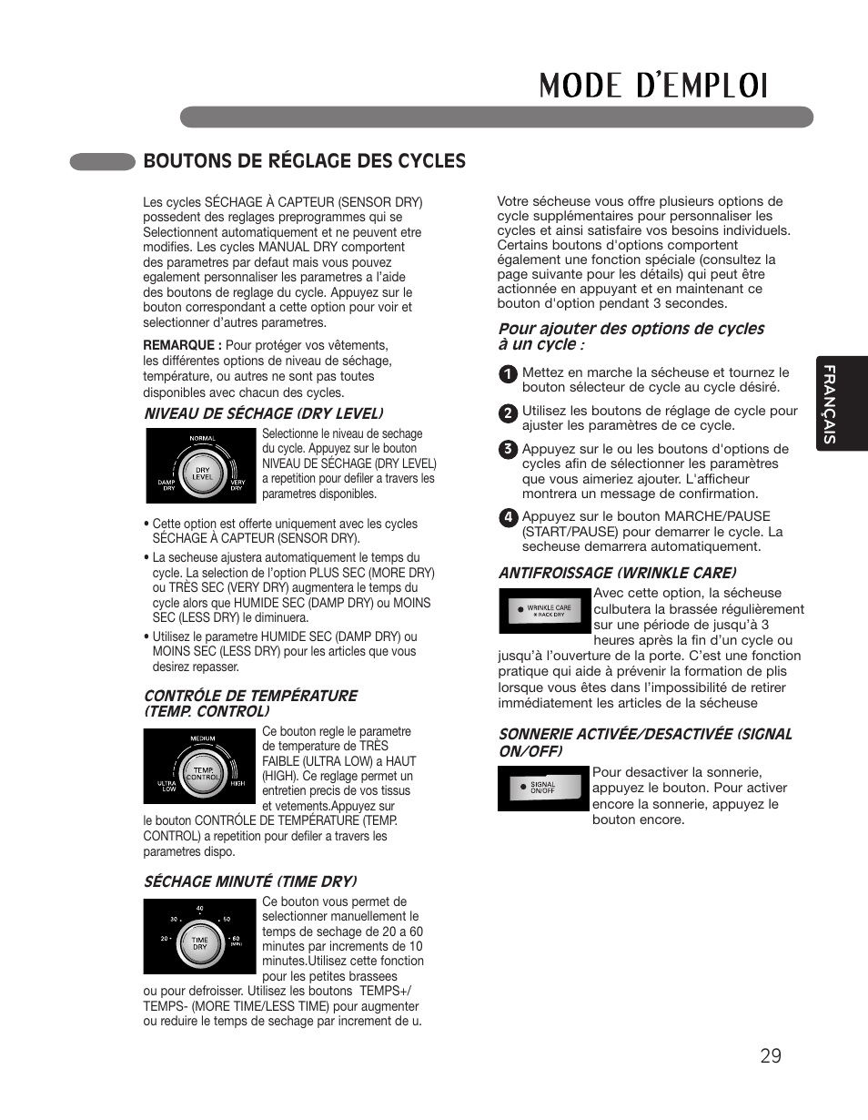 Boutons de réglage des cycles | LG DLGX2551W User Manual | Page 129 / 148
