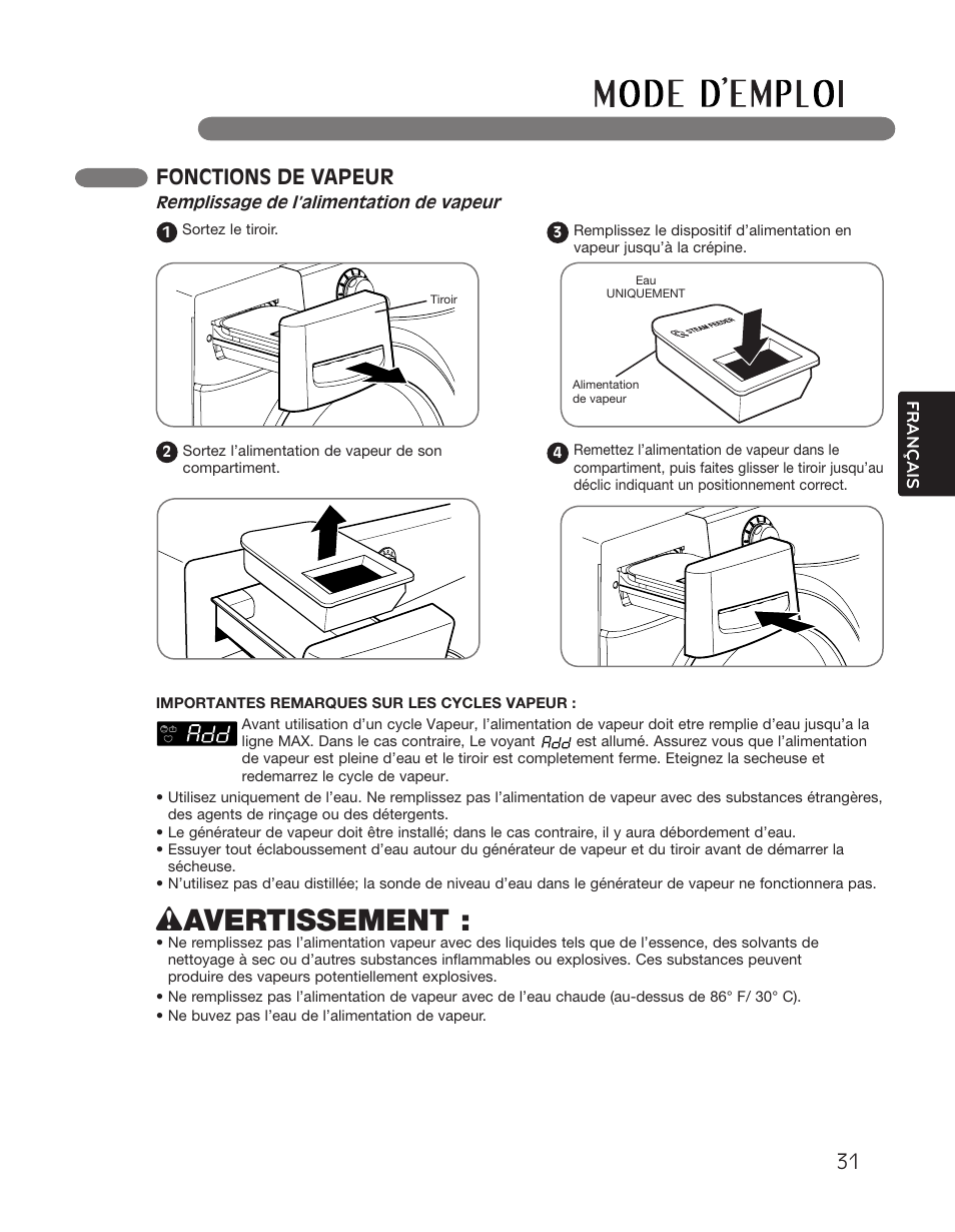 Wavertissement, Fonctions de vapeur, Autres fonctions 31 | LG DLGX2551W User Manual | Page 131 / 148