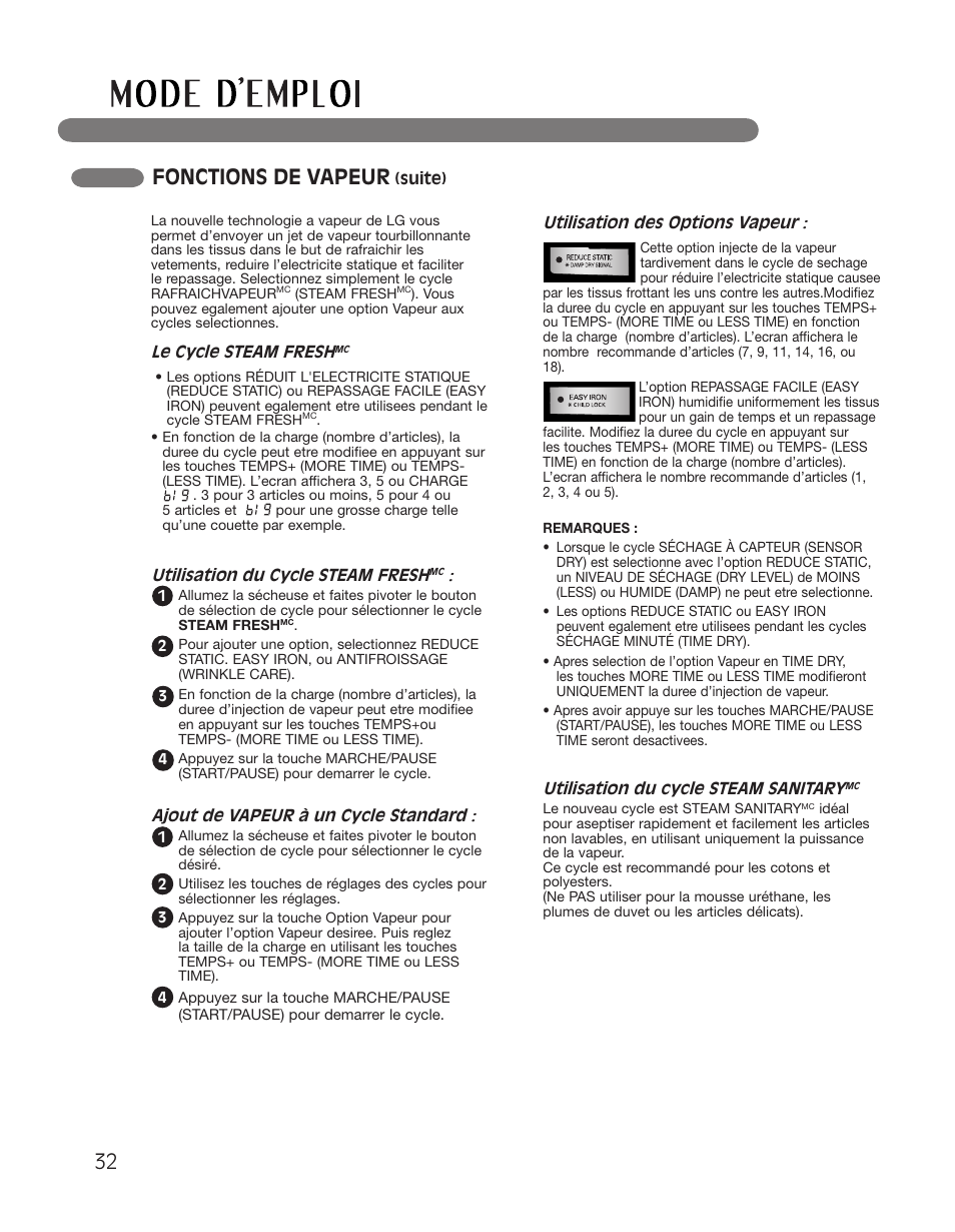 Fonctions de vapeur | LG DLGX2551W User Manual | Page 132 / 148