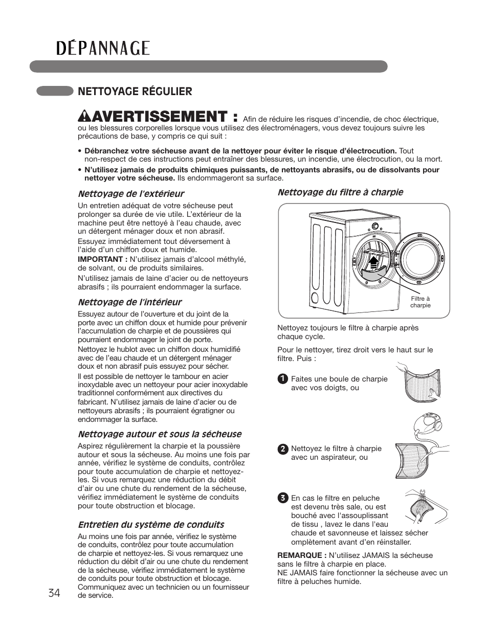 Wavertissement, Nettoyage régulier | LG DLGX2551W User Manual | Page 134 / 148