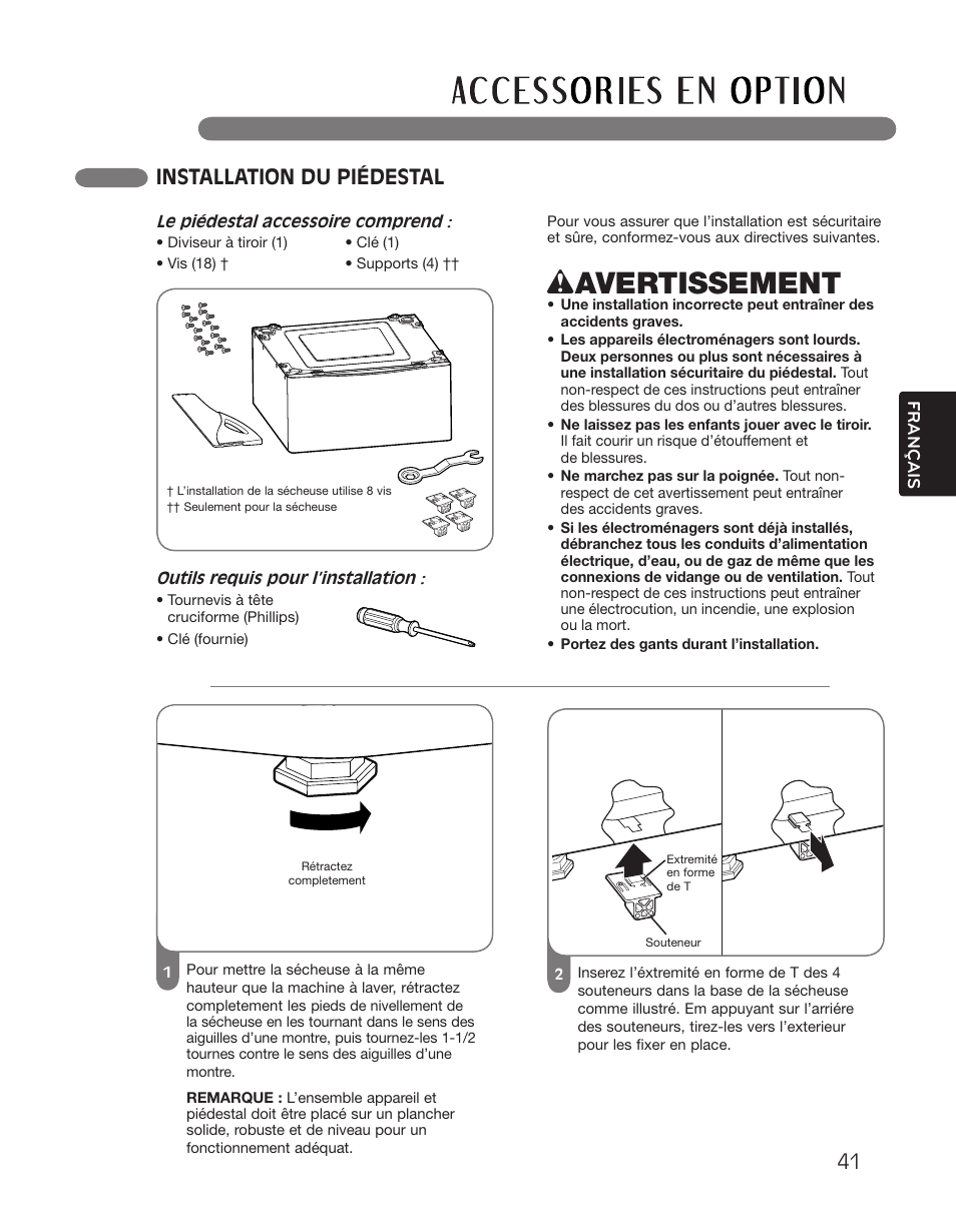 Wavertissement, Installation du piédestal | LG DLGX2551W User Manual | Page 141 / 148
