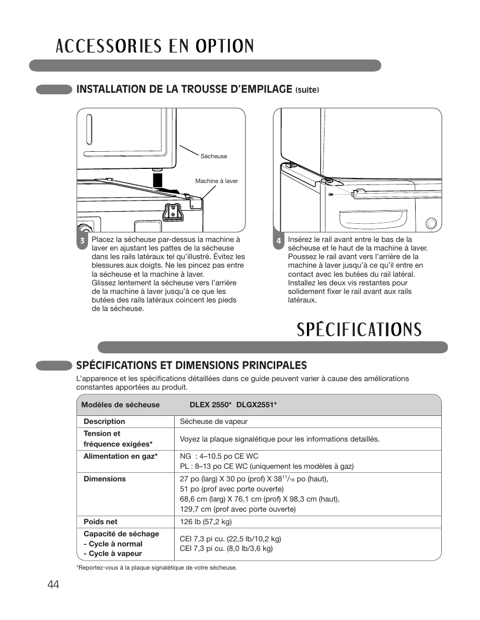 Spécifications et dimensions principales, 44 installation de la trousse d’empilage | LG DLGX2551W User Manual | Page 144 / 148