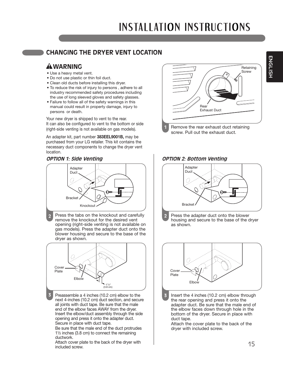 15 changing the dryer vent location, Warning, English | Option 1: side venting, Option 2: bottom venting | LG DLGX2551W User Manual | Page 15 / 148