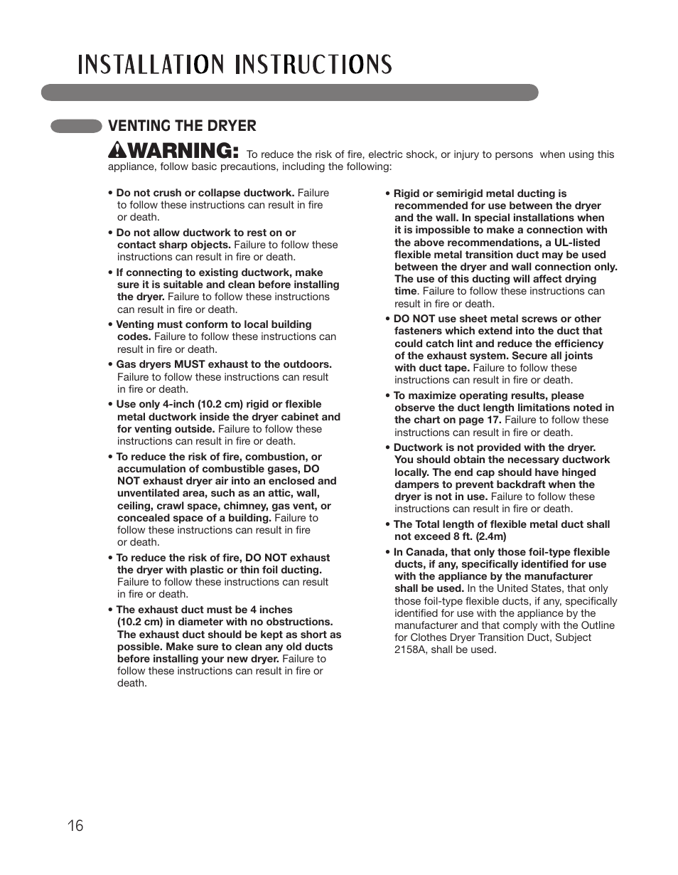 Wwarning, Venting the dryer | LG DLGX2551W User Manual | Page 16 / 148