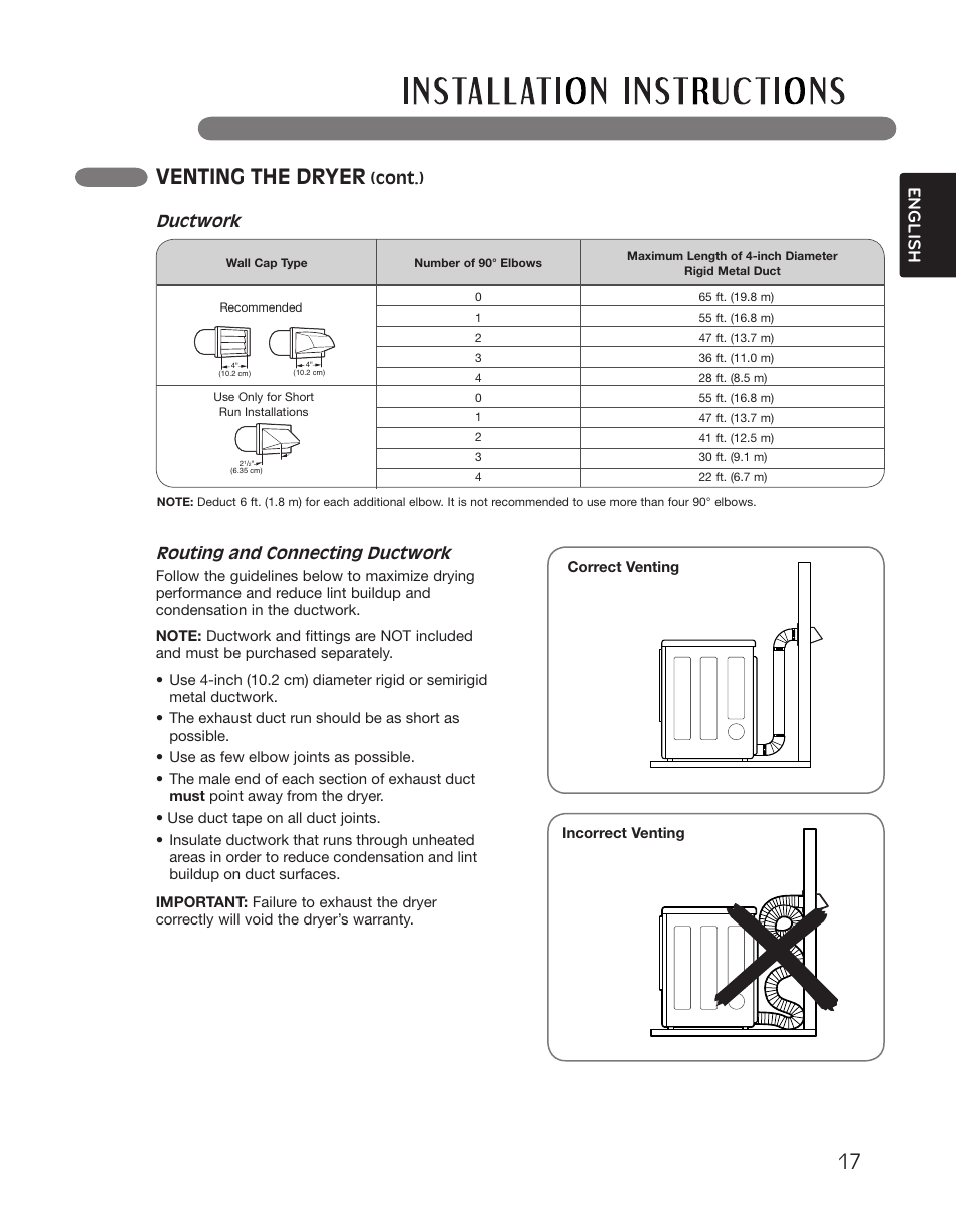 Venting the dryer, English routing and connecting ductwork, Ductwork | Cont.) | LG DLGX2551W User Manual | Page 17 / 148