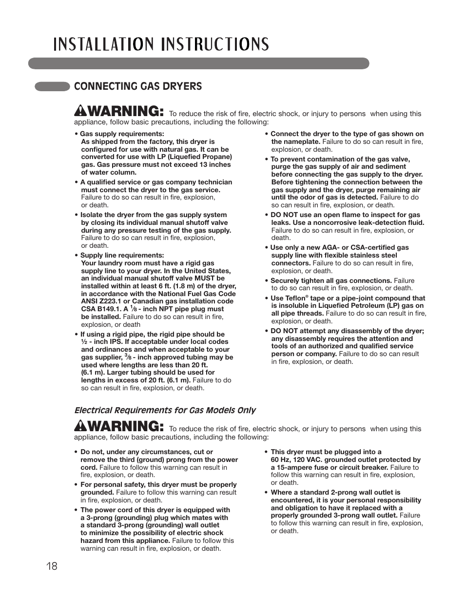 Wwarning, Connecting gas dryers | LG DLGX2551W User Manual | Page 18 / 148