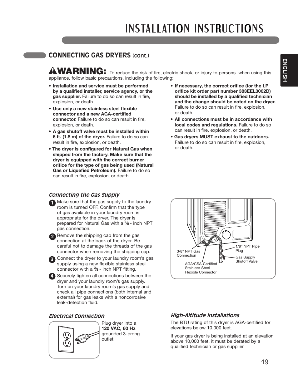 Wwarning, Connecting gas dryers | LG DLGX2551W User Manual | Page 19 / 148