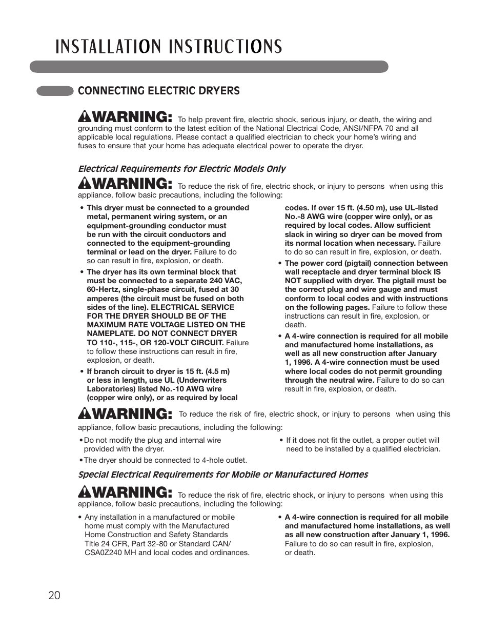 Wwarning, Connecting electric dryers | LG DLGX2551W User Manual | Page 20 / 148