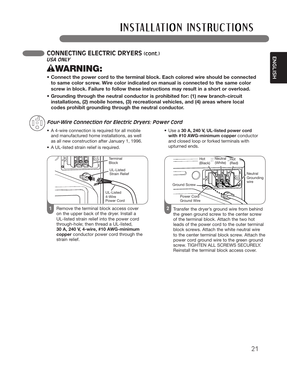 Wwarning, Connecting electric dryers | LG DLGX2551W User Manual | Page 21 / 148