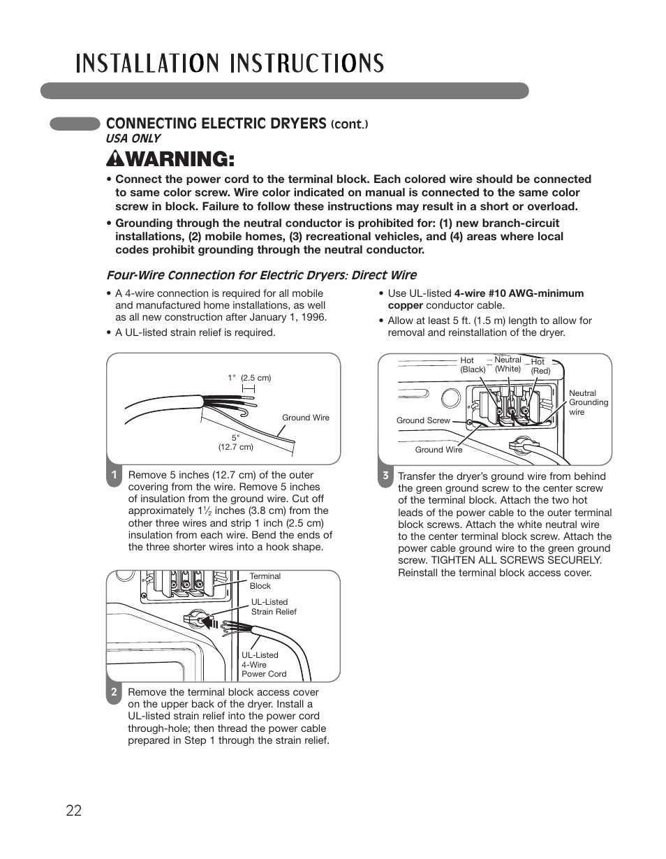 Wwarning, Connecting electric dryers | LG DLGX2551W User Manual | Page 22 / 148