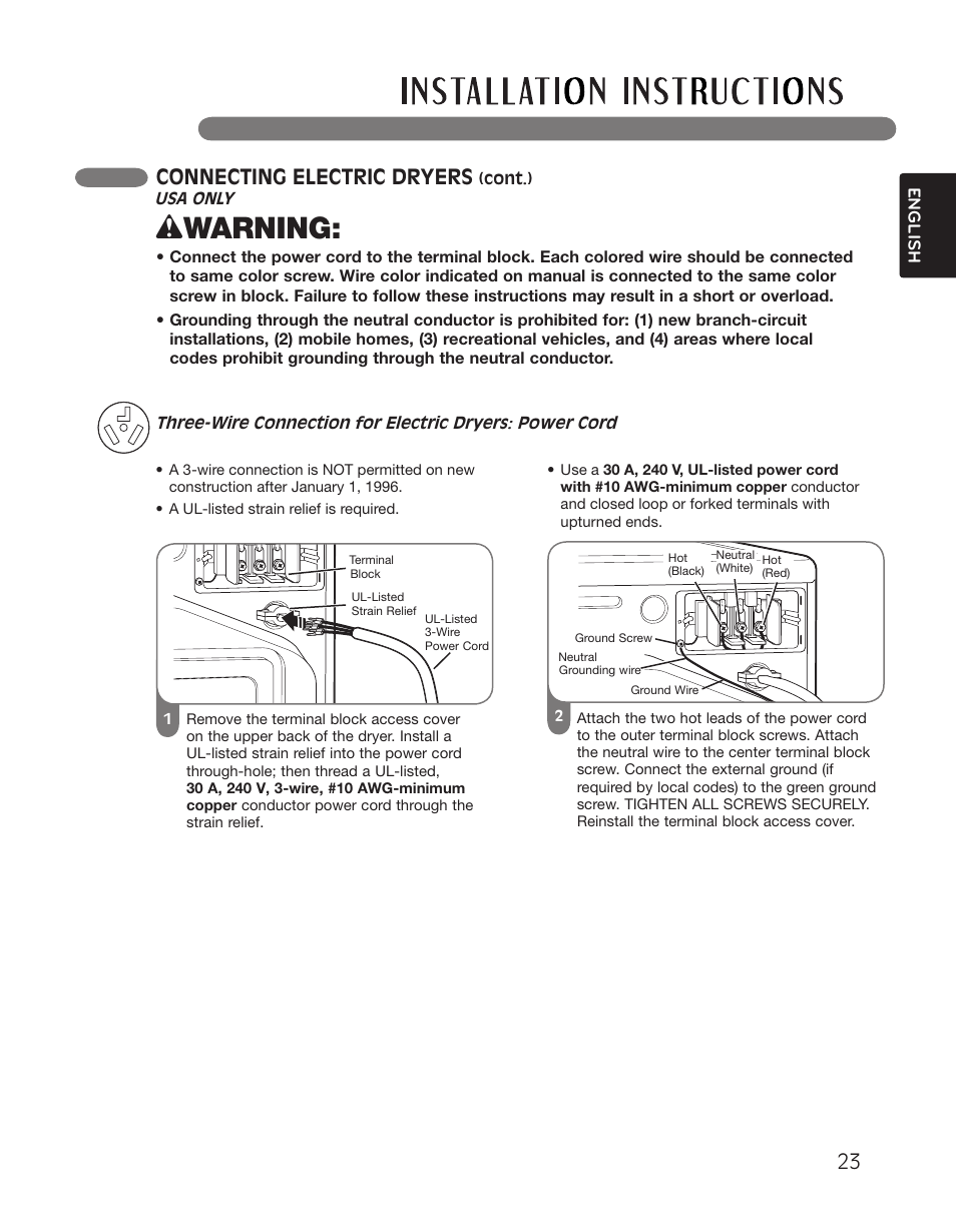 Wwarning, Connecting electric dryers | LG DLGX2551W User Manual | Page 23 / 148