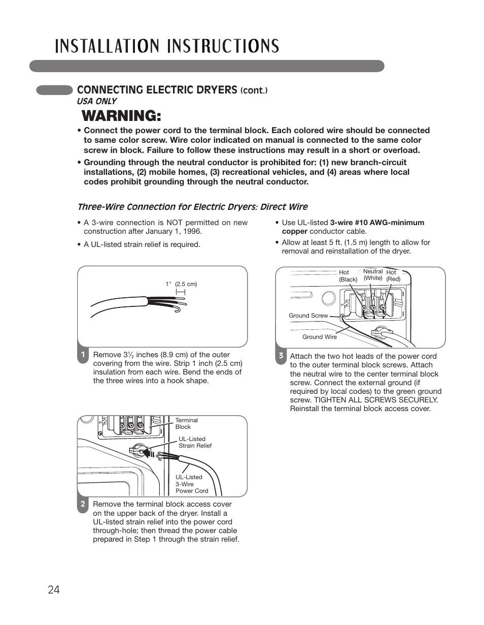 Warning, 24 connecting electric dryers | LG DLGX2551W User Manual | Page 24 / 148