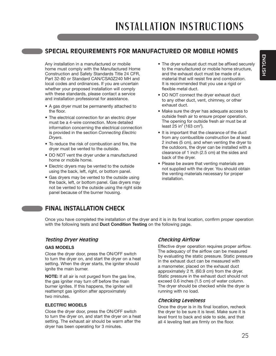 Final installation check | LG DLGX2551W User Manual | Page 25 / 148