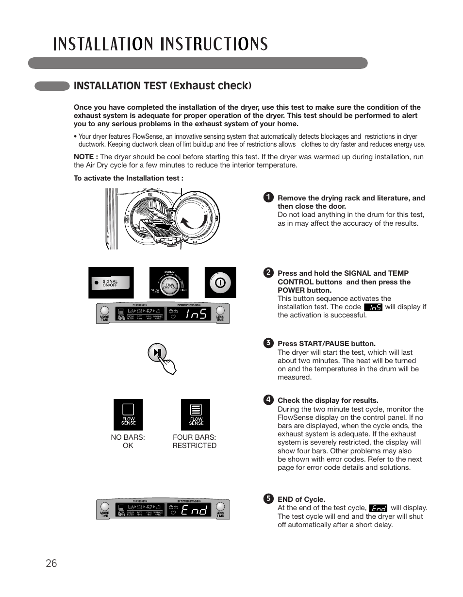 Installation test (exhaust check) | LG DLGX2551W User Manual | Page 26 / 148