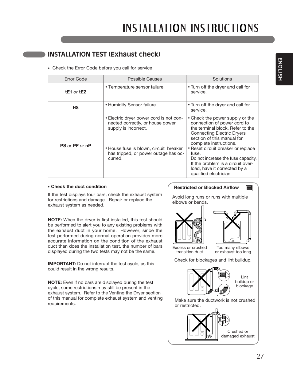 Installation test (exhaust check) | LG DLGX2551W User Manual | Page 27 / 148