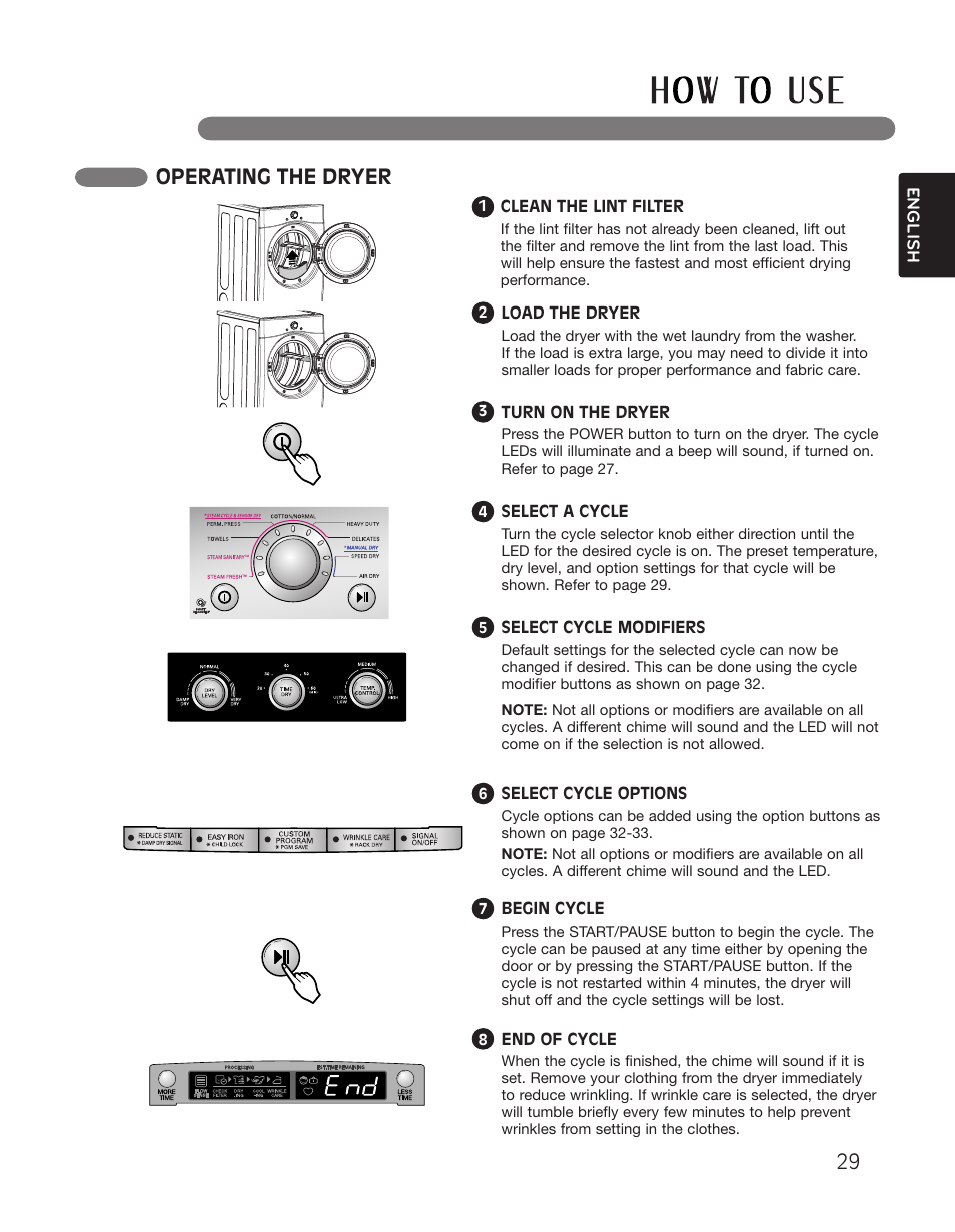 Operating the dryer | LG DLGX2551W User Manual | Page 29 / 148
