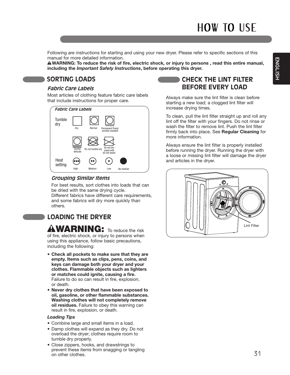Wwarning, Sorting loads, Check the lint filter before every load | Loading the dryer | LG DLGX2551W User Manual | Page 31 / 148