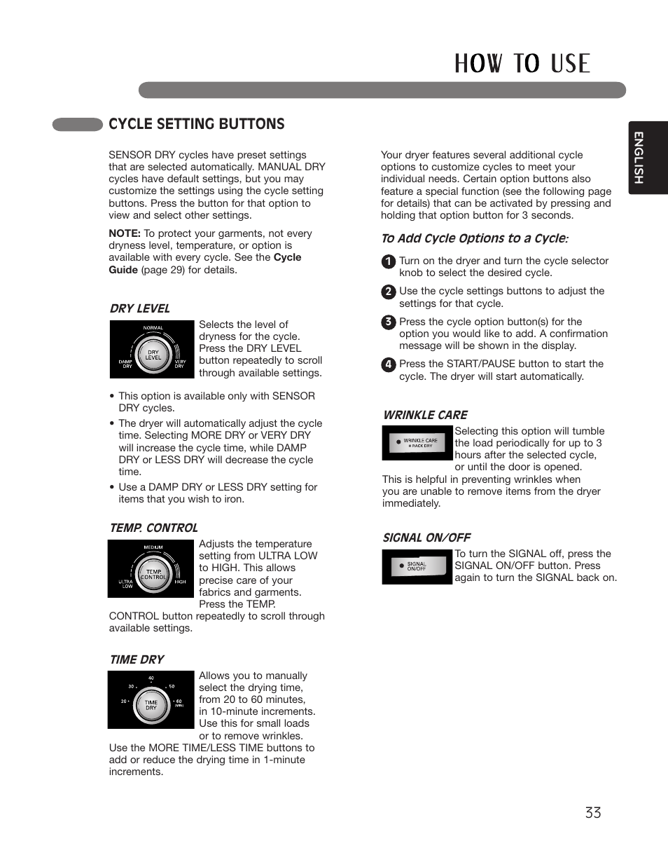 Cycle setting buttons | LG DLGX2551W User Manual | Page 33 / 148