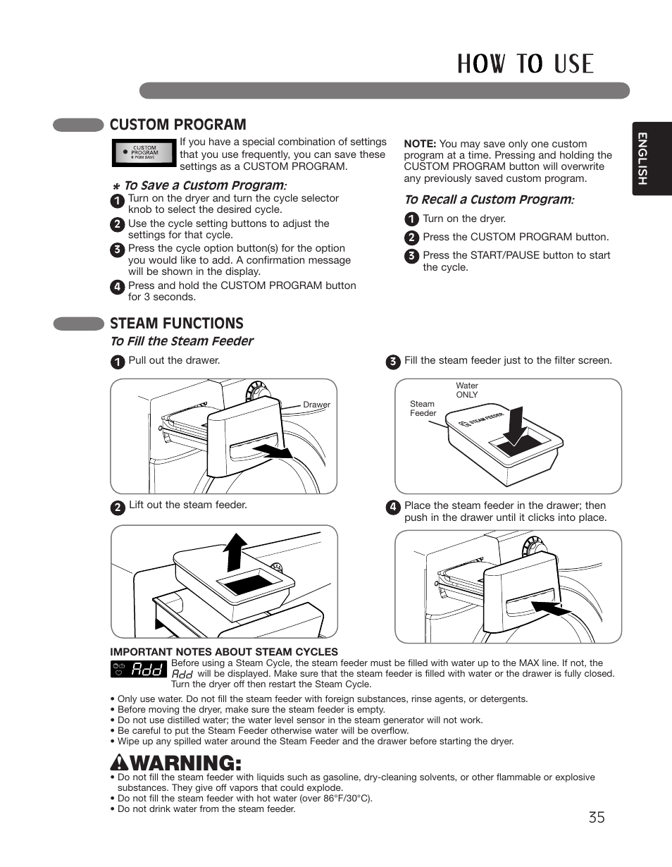 Wwarning, Custom program, Steam functions | LG DLGX2551W User Manual | Page 35 / 148