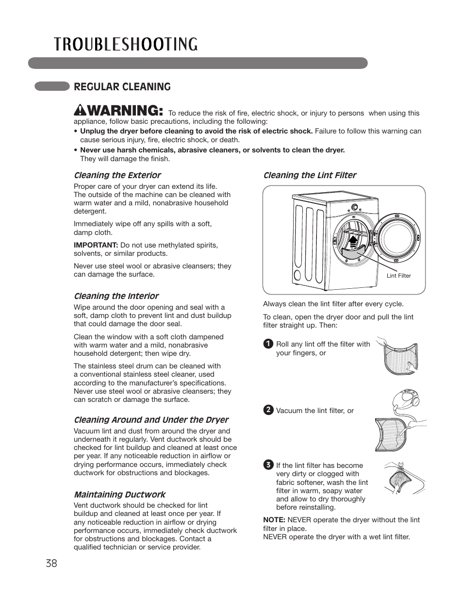 Wwarning, Regular cleaning | LG DLGX2551W User Manual | Page 38 / 148