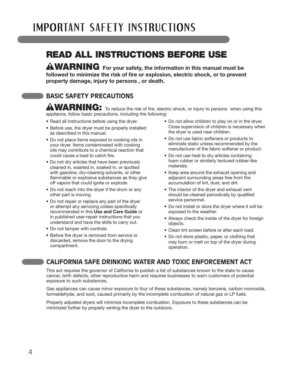 Read all instructions before use w warning, Wwarning, Basic safety precautions | LG DLGX2551W User Manual | Page 4 / 148