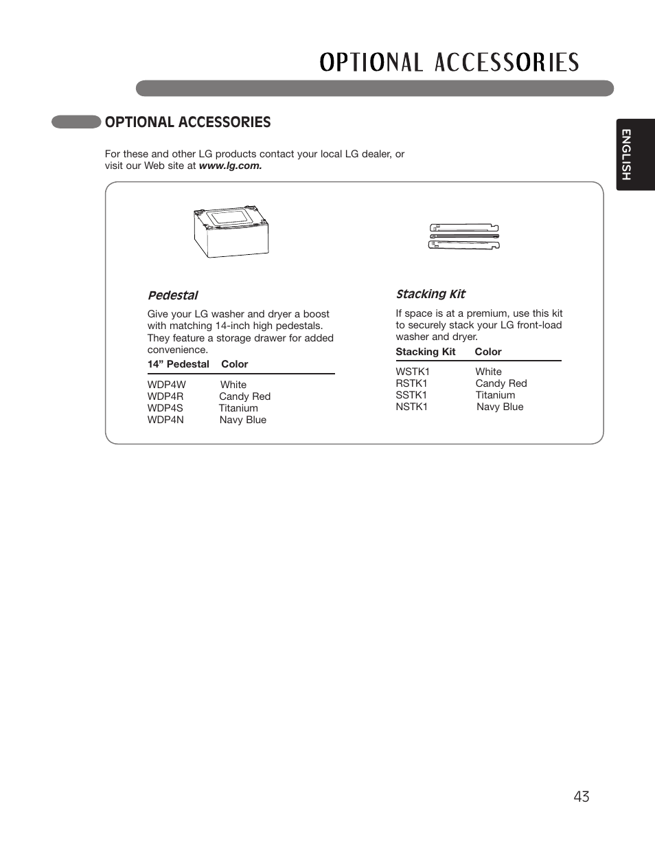 Optional accessories | LG DLGX2551W User Manual | Page 43 / 148