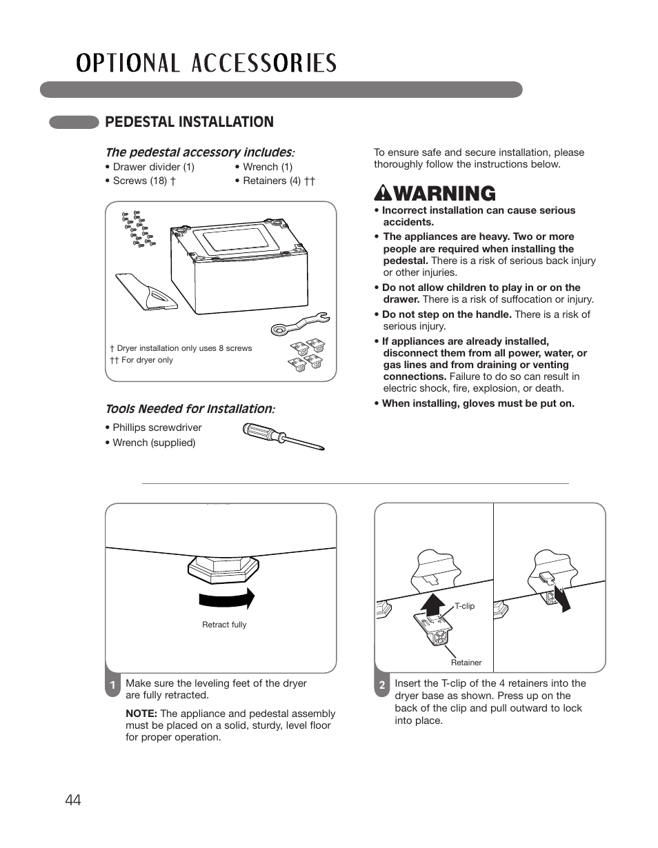 Wwarning, Pedestal installation | LG DLGX2551W User Manual | Page 44 / 148