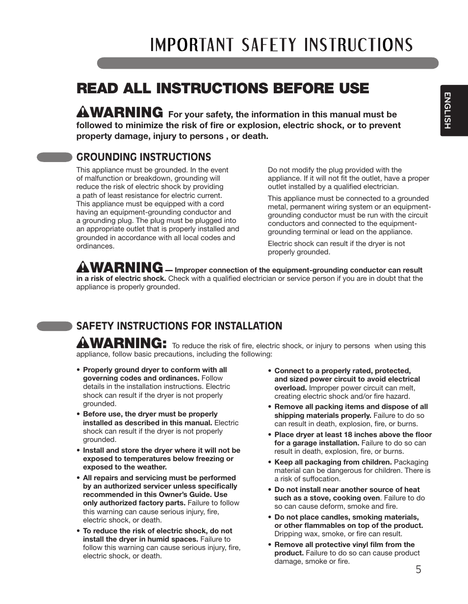 Wwarning, Read all instructions before use, Grounding instructions | Safety instructions for installation | LG DLGX2551W User Manual | Page 5 / 148