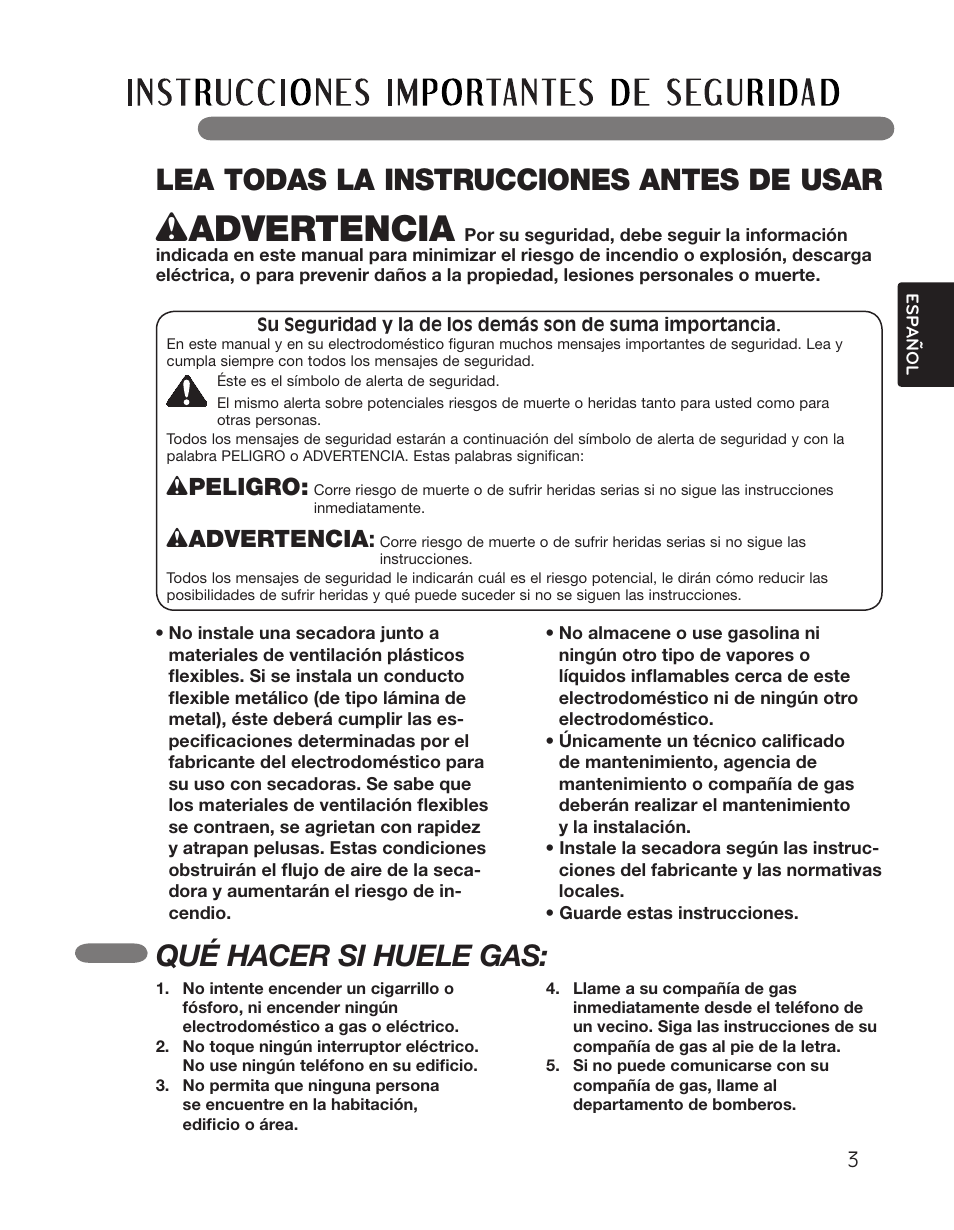 Lea todas la instrucciones antes de usar, Qué hacer si huele gas, Wpeligro | Wadvertencia | LG DLGX2551W User Manual | Page 53 / 148