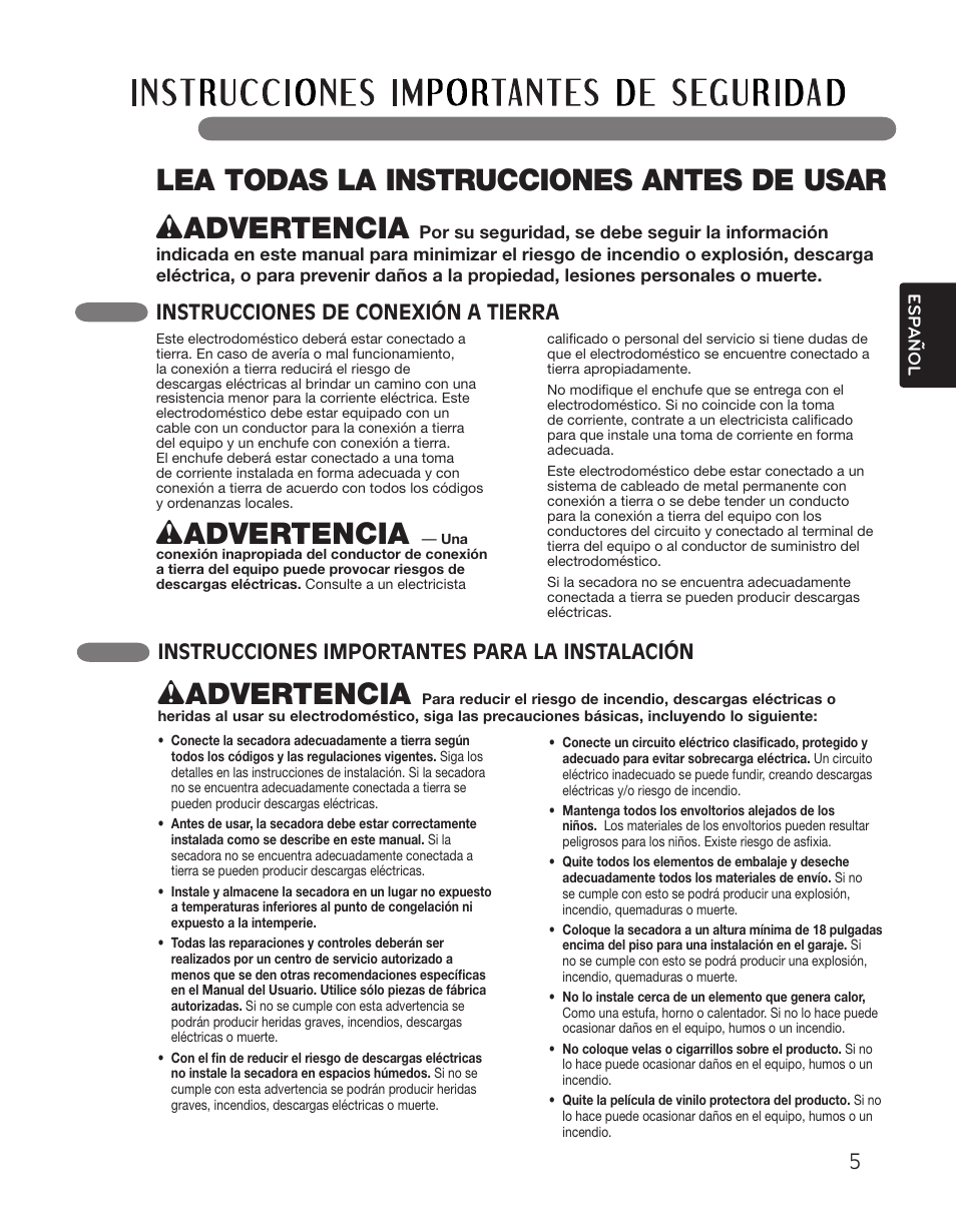 Wadvertencia, Lea todas la instrucciones antes de usar, Instrucciones de conexión a tierra | Instrucciones importantes para la instalación | LG DLGX2551W User Manual | Page 55 / 148