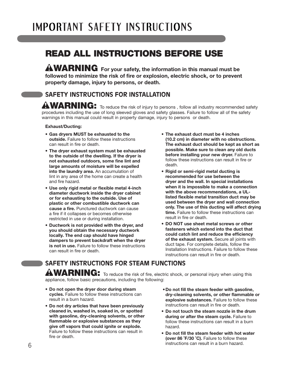 Read all instructions before use, Wwarning, Safety instructions for installation | Safety instructions for steam functions | LG DLGX2551W User Manual | Page 6 / 148